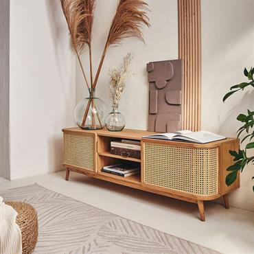 Cliquez pour agrandir et passer en diaporama Meuble tv 2 portes en bois et cannage L160cm - bois clairNORI