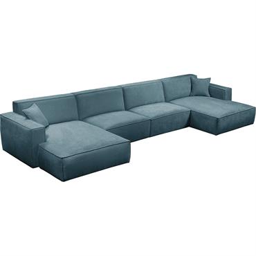 Cliquez pour agrandir et passer en diaporama Canapé d'angle panoramique fixe en tissu tramé - bleuKUBO