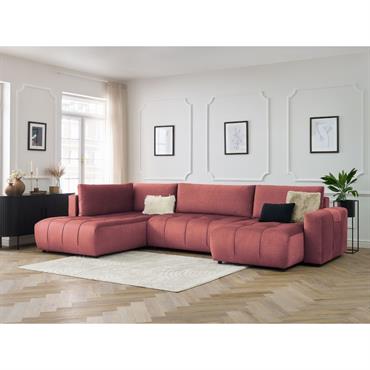 Cliquez pour agrandir et passer en diaporama Canapé panoramique convertible coffre ARSENE tissu velours orange angle droit BOBOCHIC 5 places