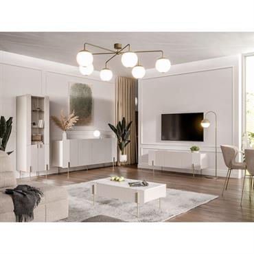 Table basse 2 tiroirs 100 cm MATHILDE plateau effet marbre et pieds or beige   BOBOCHIC