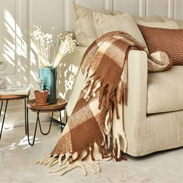 Plaid à carreaux synthétique 130x170cm - marron et blancROMEO