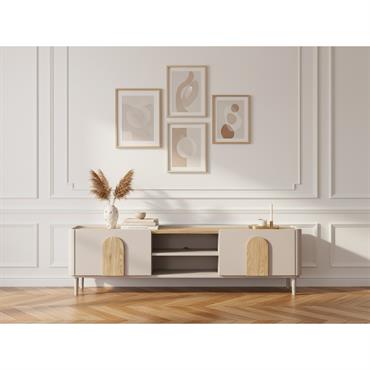 Meuble TV 1 porte 1 tiroir 170 cm ENYRA pieds en bois massif beige   BOBOCHIC