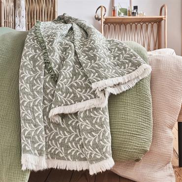 Plaid en coton motif feuilles finition franges 130x170cm - vertCALIMEA