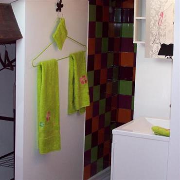 Petite salle de bain ; couleurs vives 