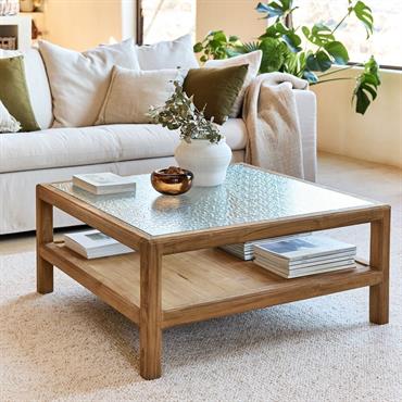 Table basse en teck recyclé et verre L90x90cm - bois clairSORRENTE