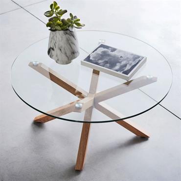 Table basse ronde en verre et piétement métal effet bois - transparentARENO