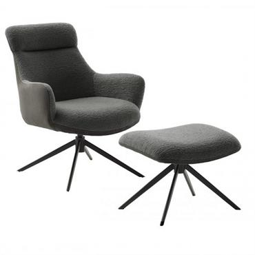 Fauteuil lounge pivotant à 360° LUAN assise confortable piétement métal noir tissu vintage boue