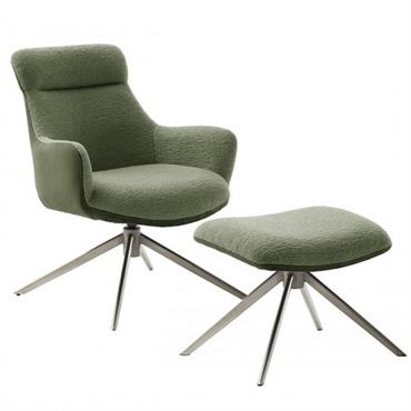 Fauteuil lounge pivotant à 360° LUAN assise confortable piétement métal brossé tissu vintage olive