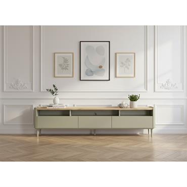 Meuble TV 1 porte 2 tiroirs 200 cm ANYRA pieds en bois massif vert   BOBOCHIC