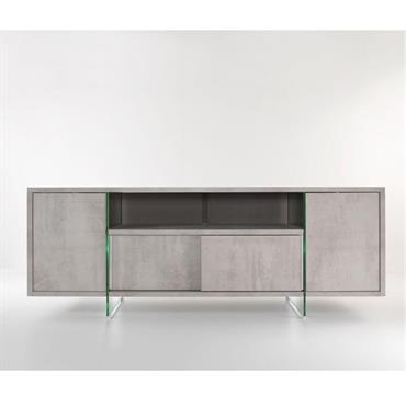 Meuble TV design MARCO POLO 180cm gris béton  portes coulissantes et piètement en verre