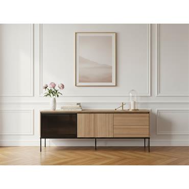 Cliquez pour agrandir et passer en diaporama Meuble TV 2 portes 2 tiroirs 167 cm VERONA effet chêne et verre fumé avec LEDS BOBOCHIC