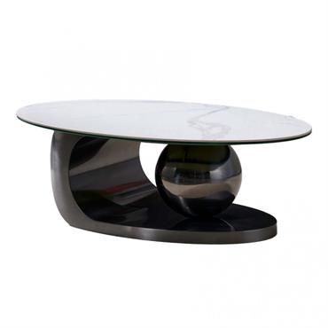 Table basse design BOWL BLACK NICKEL 130 base acier noir plateau marbre blanc
