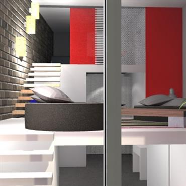 Salon TV et cuisine en sous-sol. Mur en briques apparentes, couleurs blanche et rouge 