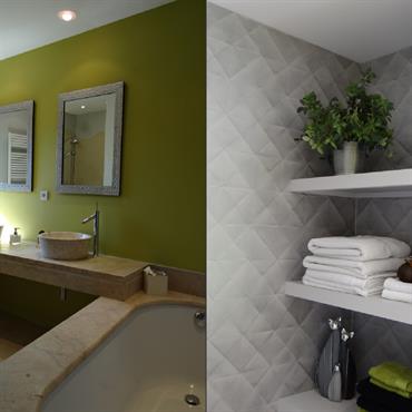 Salle de bain contemporaine ambiance naturelle. Couleurs claires en contraste avec le vert. 