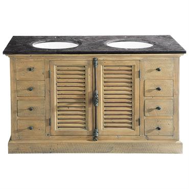 Meuble double vasque en pin recyclé et pierre bleue anthracite
