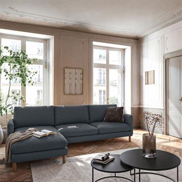 Cliquez pour agrandir et passer en diaporama Canapé d'angle gauche fixe en tissu tramé doux - bleuADEL