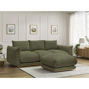 Canapé droit fixe 3 places ERNEST tissu velours côtelé avec pouf vert clair   BOBOCHIC