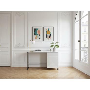Cliquez pour agrandir et passer en diaporama Bureau 1 porte et 1 tiroir ALICE pieds en métal blanc BOBOCHIC