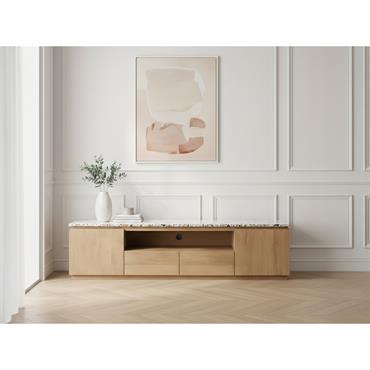 Cliquez pour agrandir et passer en diaporama Meuble TV 2 portes 200 cm BARBARA bois massif de manguier et terrazzo BOBOCHIC