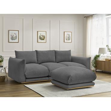 Canapé droit fixe 3 places ERNEST tissu velours côtelé avec pouf gris foncé   BOBOCHIC