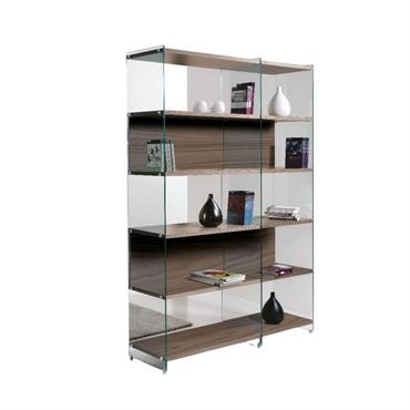 Bibliothèque compo de verre et étagère coloris noyer
