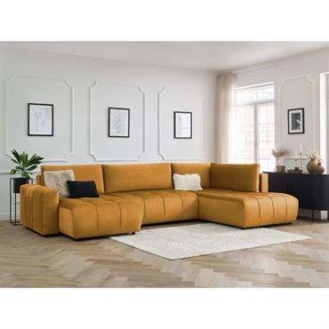 Cliquez pour agrandir et passer en diaporama Canapé panoramique convertible coffre ARSENE tissu velours jaune angle gauche BOBOCHIC 5 places