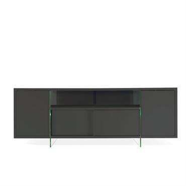 Meuble TV design MARCO POLO 180cm Gris ardoise  portes coulissantes et piètement en verre