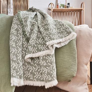 Couvre lit en coton motif feuilles finition franges 230x250cm - vertCALIMEA