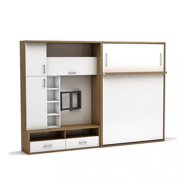 Ensemble armoire Lit TV escamotable vertical couchage 140x190cm blanc et chêne milano