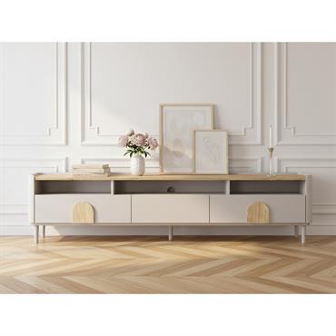 Meuble TV 1 porte 2 tiroirs 200 cm ENYRA pieds en bois massif beige   BOBOCHIC