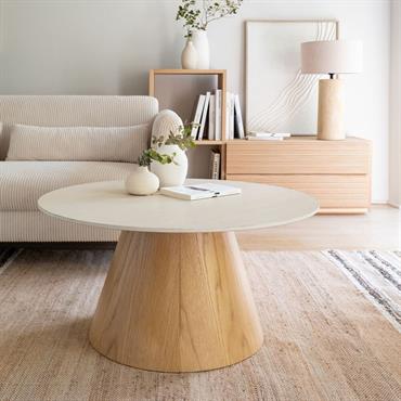 Table basse ronde en céramique et bois D80cm - beigeQUINSON