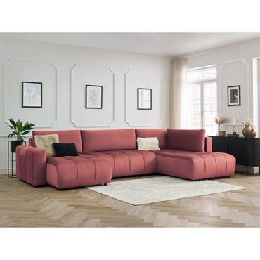 Cliquez pour agrandir et passer en diaporama Canapé panoramique convertible coffre ARSENE tissu velours orange angle gauche BOBOCHIC 5 places