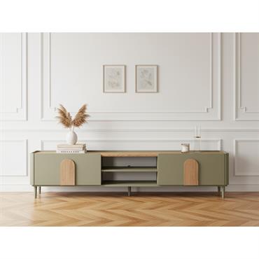 Meuble TV 1 porte 1 tiroir 220 cm ENYRA pieds en bois massif vert   BOBOCHIC