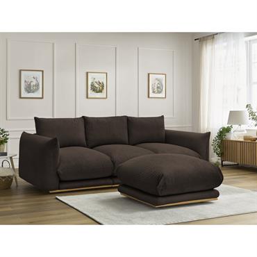 Canapé droit fixe 3 places ERNEST tissu velours côtelé avec pouf marron   BOBOCHIC
