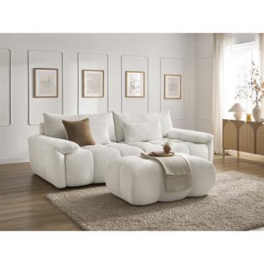 Canapé droit fixe 3 places IVANE tissu texturé avec pouf blanc BOBOCHIC Caractéristiques Type de confort assise : EquilibréConvertible : NonCoffre : NonRevêtement : Tissu texturéComposition du tissu : 100% PolyesterNombre de places : 3Structure : Bois et panneaux de particulesGarnissage dossier ...