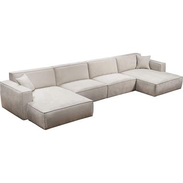 Cliquez pour agrandir et passer en diaporama Canapé d'angle panoramique fixe en tissu tramé - beigeKUBO