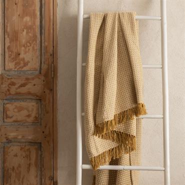 Plaid à franges et motifs en coton - jaune argan 130x170cmPARA
