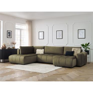 Cliquez pour agrandir et passer en diaporama Canapé panoramique convertible coffre ARSENE tissu velours vert angle droit BOBOCHIC 5 places