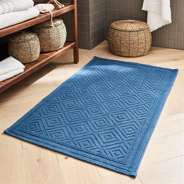 Cliquez pour agrandir et passer en diaporama Tapis de bain surpiquage losanges en coton - bleu figuerolles 60x100cmSADOU