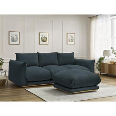 Canapé droit fixe 3 places ERNEST tissu velours côtelé avec pouf bleu foncé   BOBOCHIC