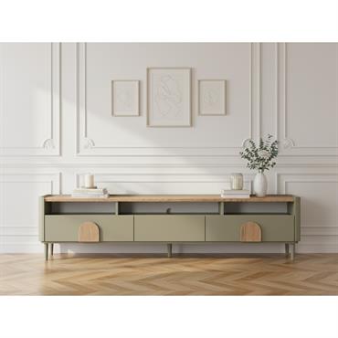 Meuble TV 1 porte 2 tiroirs 200 cm ENYRA pieds en bois massif vert   BOBOCHIC