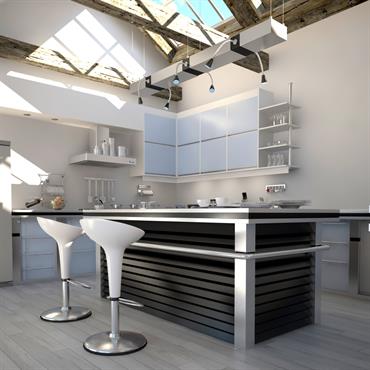 Cuisine contemporaine lumineuse sous la verrière