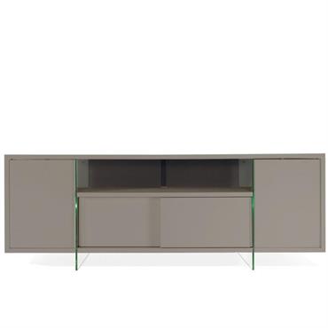 Meuble TV design MARCO POLO 180cm Gris Taupe  portes coulissantes et piètement en verre