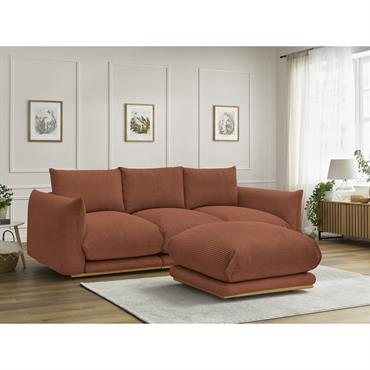 Canapé droit fixe 3 places ERNEST tissu velours côtelé avec pouf orange   BOBOCHIC