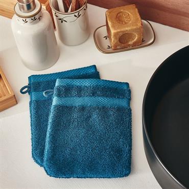 Cliquez pour agrandir et passer en diaporama Lot de 2 gants de toilette en coton peigné - bleu figuerollesAZUR