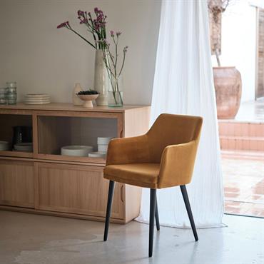 Lot de 2 chaise en tissu effet velours avec accoudoirs - jaune argan 