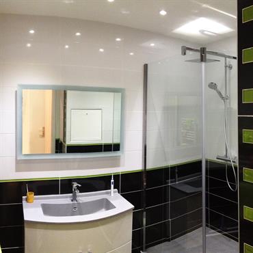 Salle de bain carrelée blanche, noire et touches de vert 