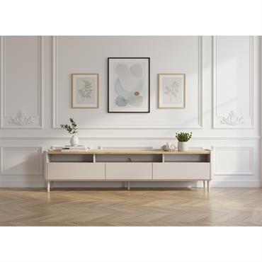 Meuble TV 1 porte 2 tiroirs 200 cm ANYRA pieds en bois massif beige   BOBOCHIC