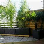 Terrasse de ville paysagée avec jardinières en métal et bambous brise vue