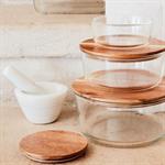 Boîte ronde en verre avec couvercle en bois D18